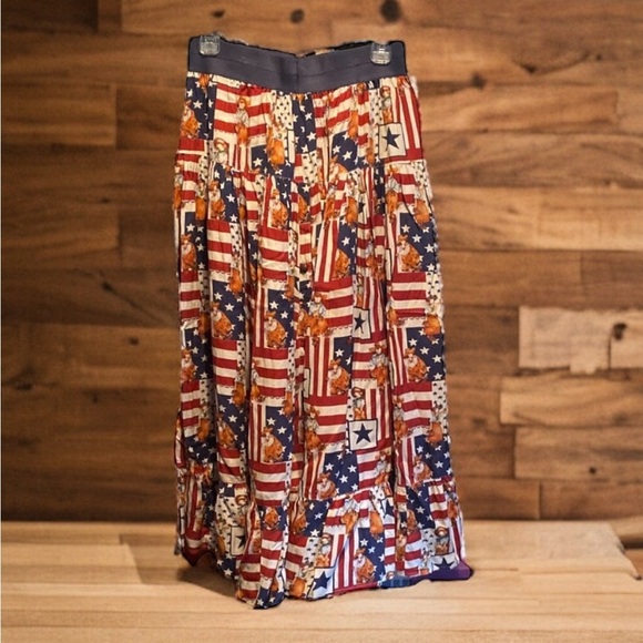🪲🪸 RARE Vintage Patriotic Flag Cowboy Print Full Maxi Skirt Medium​ - Picture 2 of 5